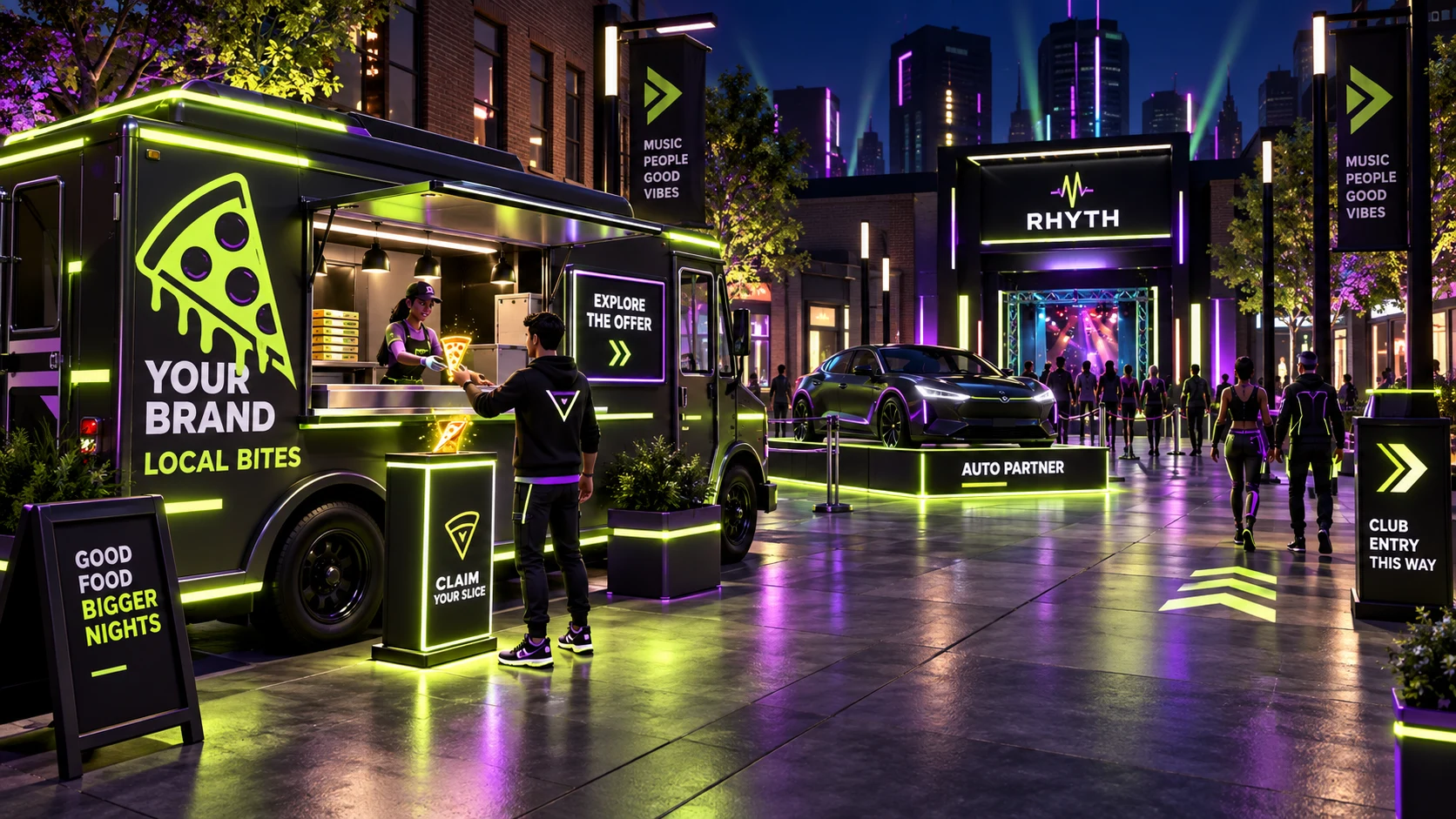 Proposed food truck activation with a virtual pizza item and offer destination